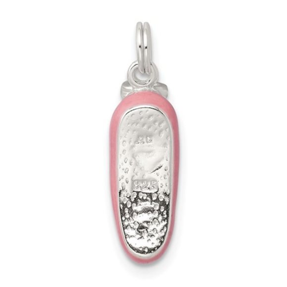 925 Sterling Silver Polished Pink Enamel Ballet Slipper Necklace Charm Pendant - Picture 2 of 5